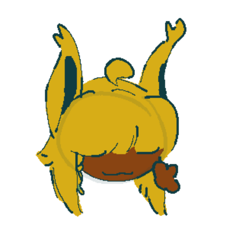 An image of my persona. Its a headshot. They have medium length yellow hair with long bangs covering their eyes and tall pointy ears with 2 tufts at the tips. There is a braid on the left under their hair. Their skin brown. They are smiling while waving.